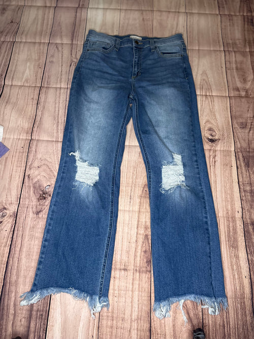 Altar’d State Distressed Crop Flare Jeans Size 28 High Rise Raw Hem Denim